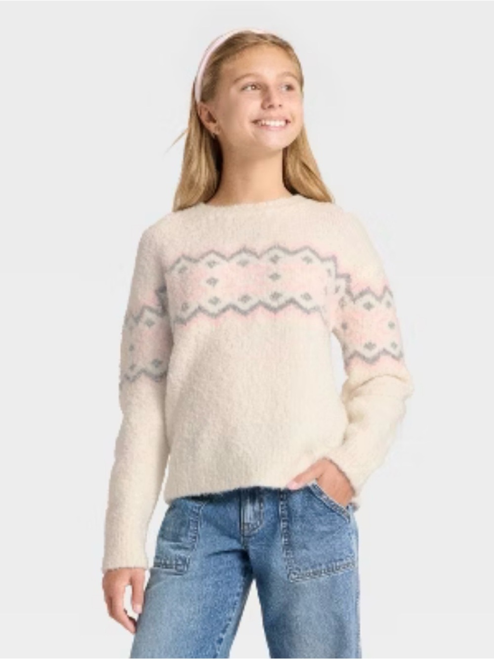 art class Cream Fair Isle Crewneck Sweater with Pink and Gray Accents